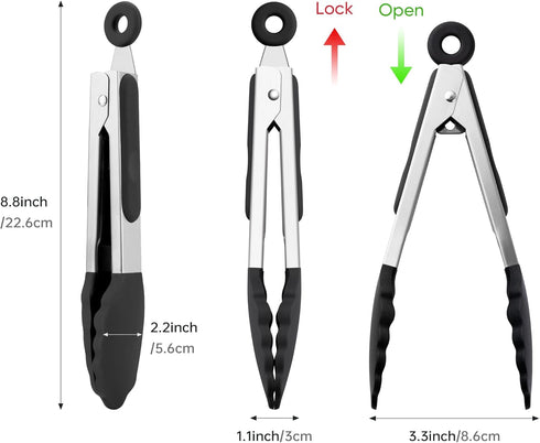 7 Inch Mini Tongs, Pack of 3 Short Small Silicone Tongs, Stainless Steel Tongs with Silicone Tips for Cooking, Barbecue, Buffet Serving (7", Black/Grey/White) by DAILY KISN