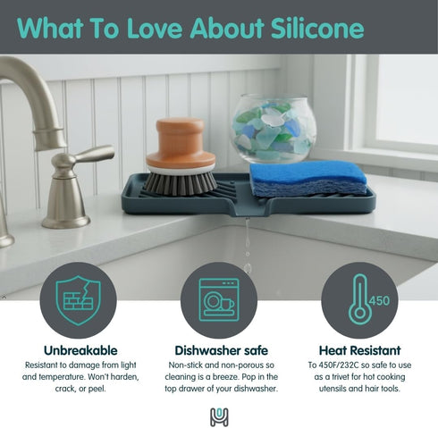 3-Way 10"x4", 7.8 Happitasa Silicone Soap Dish Tray and Sponge Holder with Drain Chute and Feet | Sloped Design |