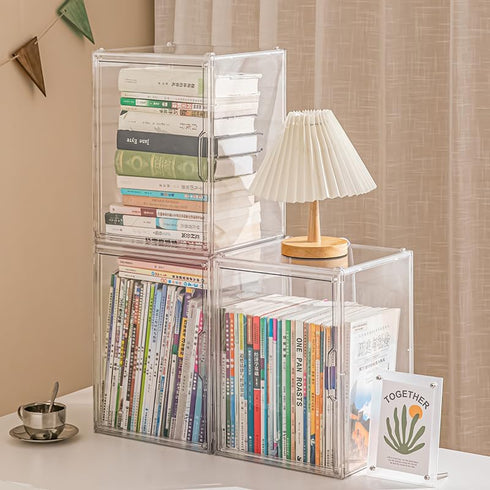 2PACKS BOHOIDEE Clear Book Storage Organizer for Bookshelf, Plastic Stackable Book Display Case with Magnetic Door