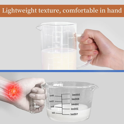 Newness Glass Measuring Cup with Handle - 500 ML (0.5 Liter, 2 Cup) with Three Scales and V-Shaped Spout