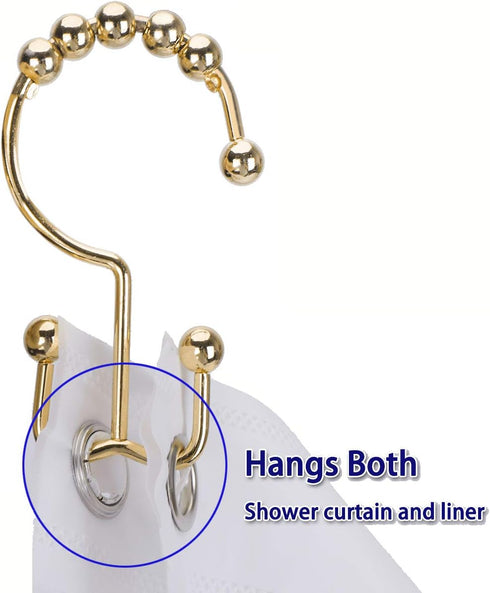 Shower Curtain Hooks Rings for Bathroom, 12PCS Stainless Steel Metal Rust Resistant Double Curtain Hooks (Gold)