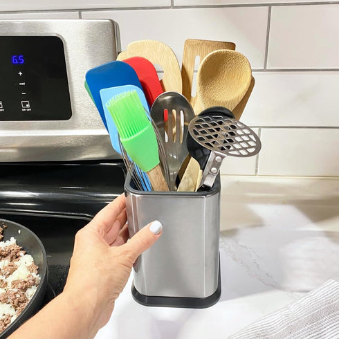 Evelots Stainless Steel Kitchen Utensil Holder for Countertop, 6.75 Inch Tall Cooking Utensil Crock Can Store up to 15 Big Utensils, Large Spoon & Spatula Organizer Caddy, Silver