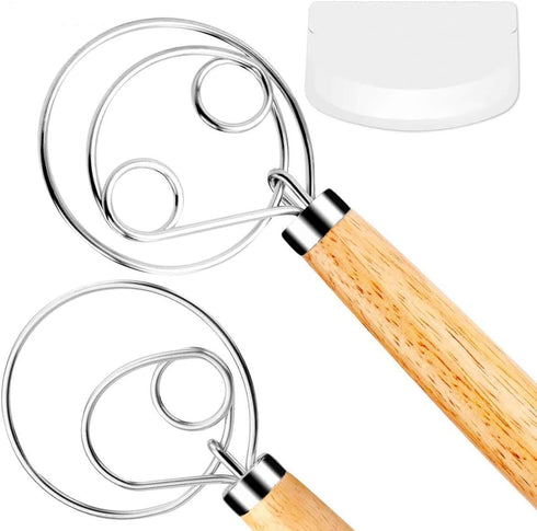 Danish Dough Whisk Bread Mixer, 2 Pack Premium Stainless Steel Dutch Whisk with Dough Scraper for Baking