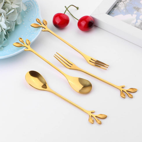 12pcs Stainless Steel Gold Leaf Coffee Spoon and Cake Forks, Kitchen Accessory for Wedding Party, Dessert, Salad,