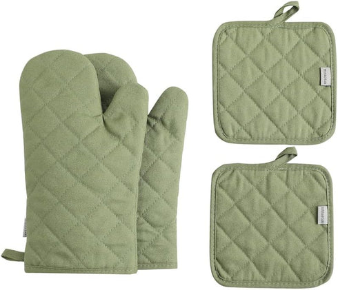 Oven Mitts and Pot Holders Set, 4 pcs, High Heat Resistant 500 Degree Cotton Glove (12 Inch, Green)