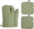 Oven Mitts and Pot Holders Set, 4 pcs, High Heat Resistant 500 Degree Cotton Glove (12 Inch, Green)