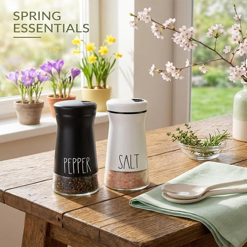 Farmhouse Salt and Pepper Shakers with Adjustable Pour Holes, Refillable Salt Shaker by Aelga, Ideal for Himalayan
