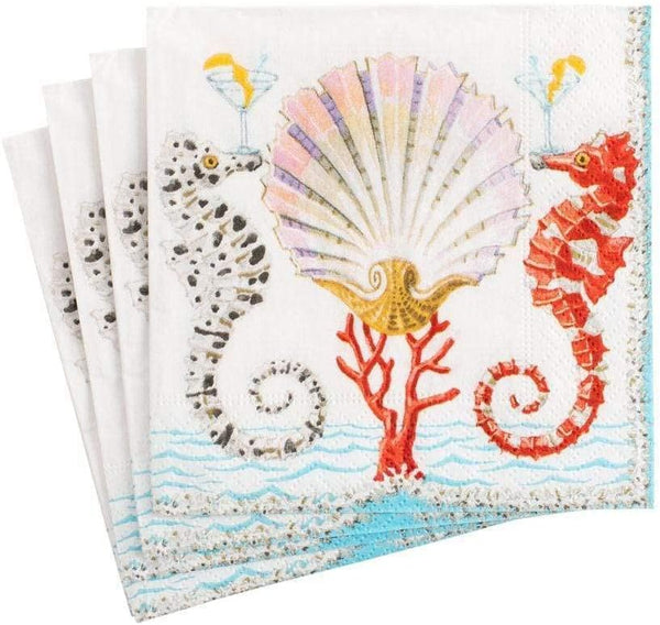 Caspari Seahorses and Shell Paper Cocktail Napkins - Two Packs of 20