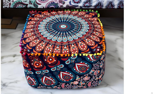 20X20X14 inches, CRAFT KALA Indian Square Patchwork Traditional Pouf Cover Indian Living Room Poufs Cover Decorative