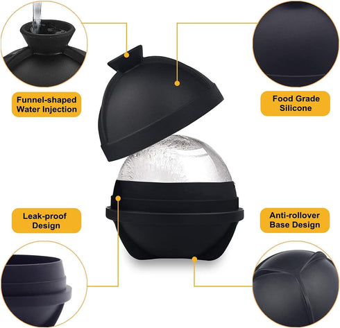 Ice Ball Molds Set of 4, Whiskey Ice Ball Maker Mold, Silicone Sphere Ice Molds with Built-in Funnel