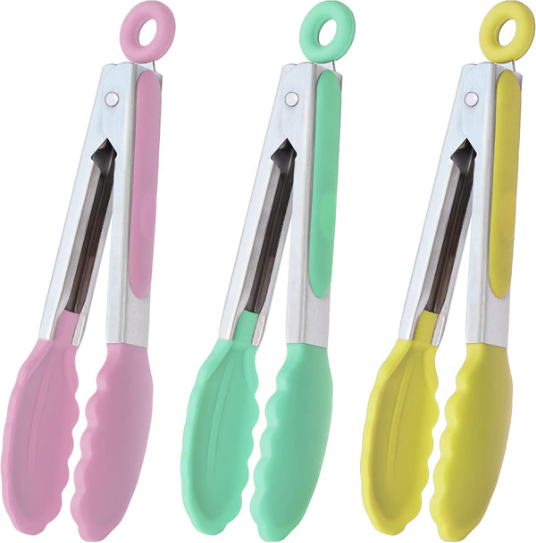 Small Tongs with Silicone Tips, 7-Inch Serving Tongs, Set of 3 (Pink Mint Yellow)