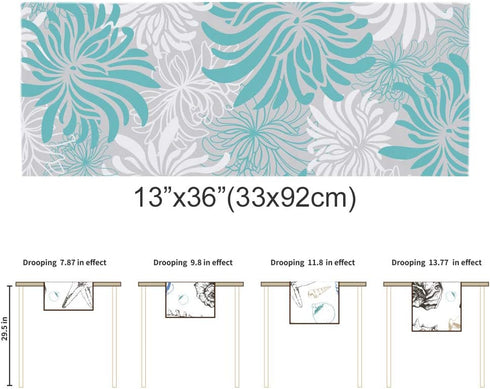 PIEPLE 13x36inches Aqua Chrysanthemum Flowers Table Runner-Cotton Linen-Small Dresser Scarves,Floral Grey Tablerunner
