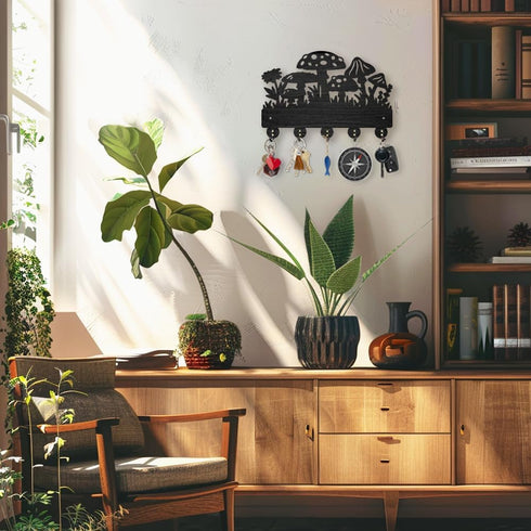 Mushroom Wall Mounted Coat Rack, Wildflower Meadow Wood Key Hooks for Wall, 11.8×7.9inch Black Key Holder Hanger Decor