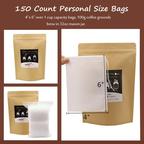 No Mess Cold Brew Coffee Filters - 150 Count Disposable Fine Mesh Bags for Iced Coffee Maker, 4"x 6"