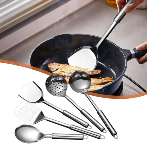 5 PCS Cooking Utensils Set, Stainless Steel Kitchen Gadgets, Includes Slotted Spoon, Slotted Spatula, Large Spoon, Soup