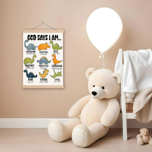 DNEULYR 12x16 Inch Dinosaur Wall Decor, God Says I am Nursery Wall Art With Wooden Poster Hanger, Dinosaur Room Decor