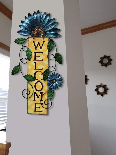 Welcome Sign for Front Door Decor, Metal Flower Hanging Wall Art for Indoor Outdoor Patio Garden Yard, 15.25X8.5In (C)