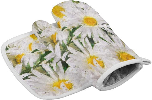Set of Oven Mitt and Pot Holder, Spring Daisy Flower Kitchen Mittens, Heat Resistant Non-Slip Surface for Cooking