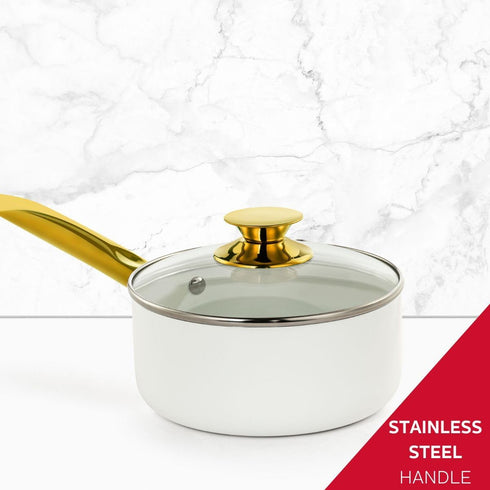 Holstein Housewares 2.5QT White Ceramic Nonstick Saucepan with Lid, Gold Color & Stainless Steel Handle