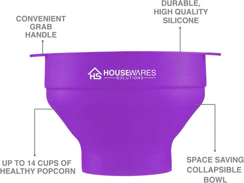 Collapsible Silicone Popcorn Popper Bowl with Lid and Handles, Microwave Safe (Purple)