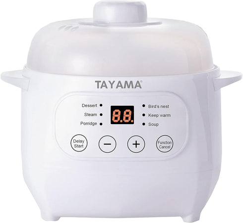 TAYAMA 1 Qt. White Mini Ceramic Stew Cooker - Pre-Settings and Built-In Timer, Small