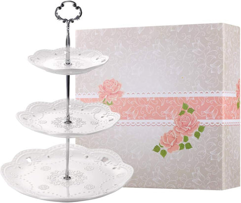 BonNoces 3-Tier Serving Tray - White Embossed Porcelain Cupcake Stand, Elegant Dessert Cake Stand for Tea Party,