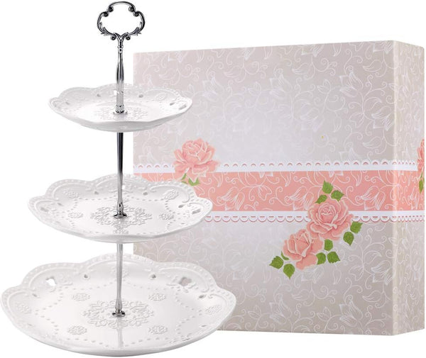 BonNoces 3-Tier Serving Tray - White Embossed Porcelain Cupcake Stand, Elegant Dessert Cake Stand for Tea Party,