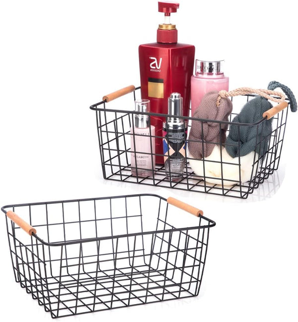 LeleCAT Wire Baskets with Wooden Handles, Set of 2 Storage Organizer Bins for Pantry, Closets, Bedrooms (Black)