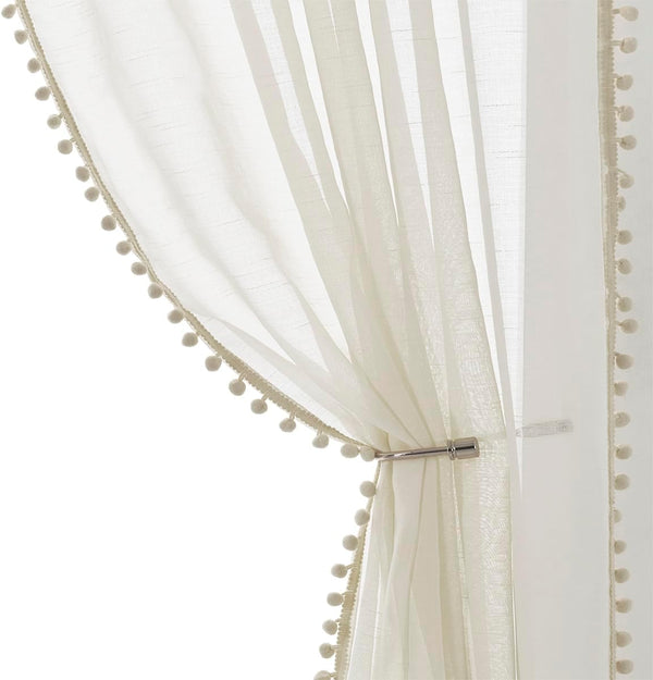 Treatmentex Pom Pom Linen Sheer Curtains for Living Room, 63 inches Length, 52" w x 2 Pack, Beige