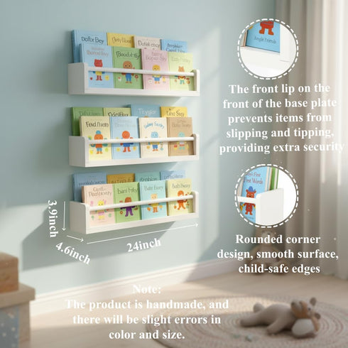 Set 3 24 Inch of Kids Floating Bookshelves White Wall Mounted Nursery Book Shelves with Safety Rail Ideal Storage