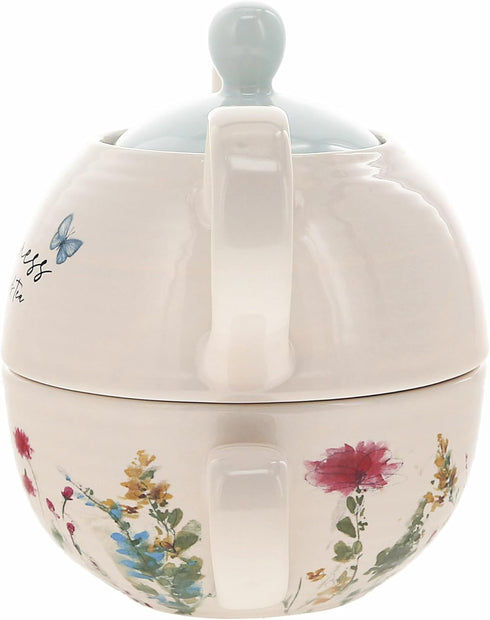 14.5 oz Set, Set, Summer 1 Count, Pavilion Gift Company - Happiness Ceramic Teapot and Tea Cup Watercolor Floral Tea