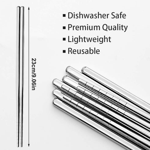 Stainless Steel Chopsticks, 5 Pairs Reusable Multicolor Lightweight 304 Metal, Non-Slip Gift Set, Silver Hollow