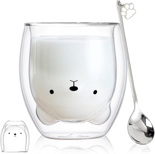 Bear Cute Mugs Kawaii Double Wall Glass Coffee Tea Cup, Funny Novelty Gift for Women, Birthday, Christmas