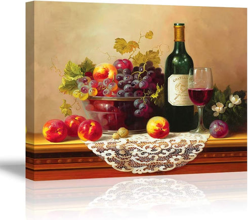 Retro Wine Pictures for Kitchen, PIY Vibrant Fruits Wall Art for Dining Room, Canvas Prints Oil Painting
