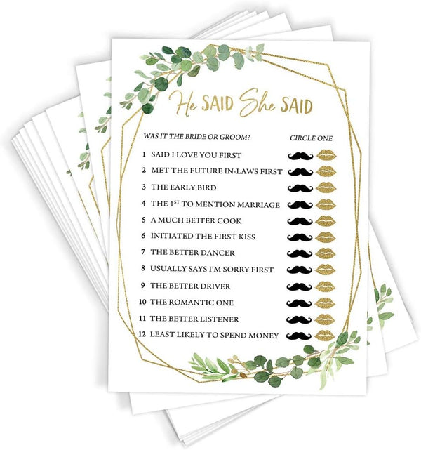 Printed Party Bridal Shower Games – He Said She Said Game with Bride and Groom Trivia, Botanical Greenery Theme