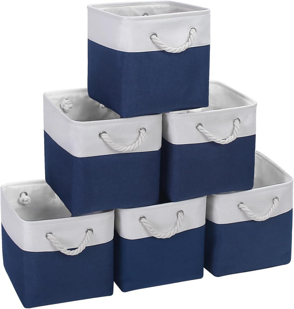 Cube Storage Baskets, 6 Pack 11x11 inch with Cotton Handles for Closet, Shelves, Clothes, Toys (White/Navy Blue)