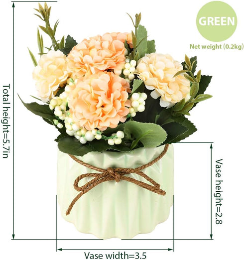 Artificial Hydrangea Bouquet with Small Ceramic Vase, Blue Fake Silk Variety Flower Balls for Home Party Office Wedding
