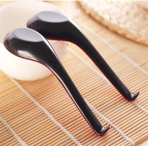 2 Pack - Red and Black 6.5-inch Asian Soup Spoon with Hook Fuji Chinese Japanese Korean Style Spoon, Perfect for Melamine Won Ton Rice Pho Soba & Ramen Noodle Soups
