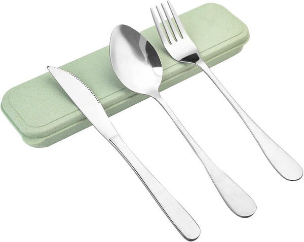 Travel Silverware Set with Case, Portable Reusable Utensils for Kids and Adults, Spoon Knife Fork Lunch Box (Green)