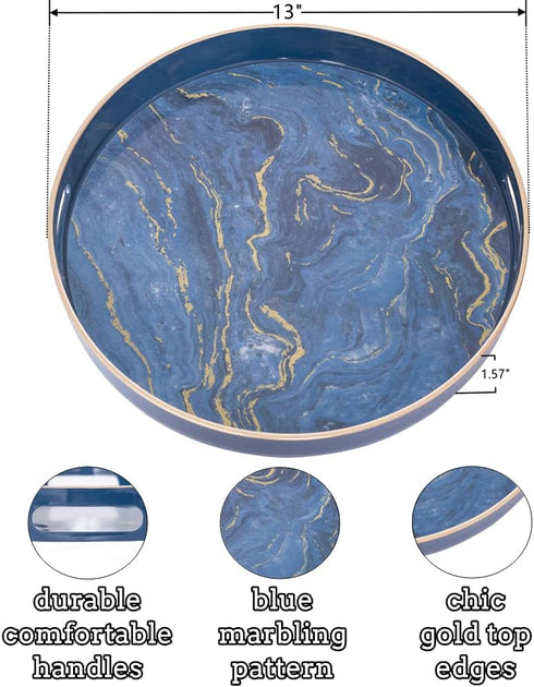 13" MAONAME Round Decorative Tray, Marbling Plastic Tray with Handles, Coffee Table Trays for Ottoman, Kitchen