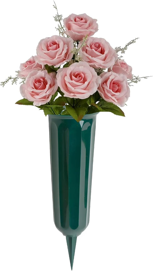 Black Duck Brand Green Plastic Cemetery Memorial Grave Flute Flower Vases, 9.75", 2 Pack