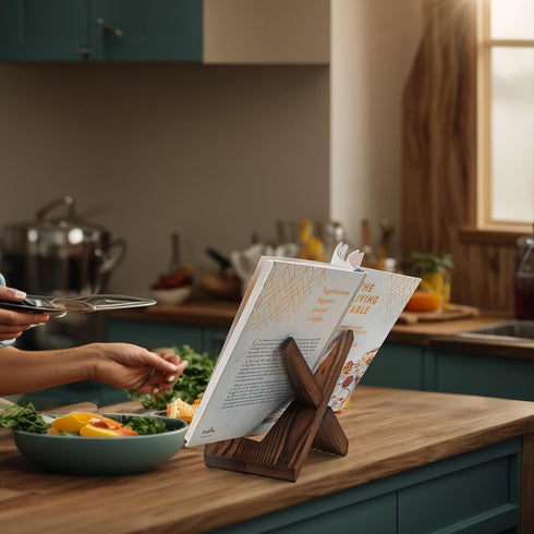 Rustic Cookbook Holder Stand for Kitchen - Wooden Recipe Book Holder for Kitchen Counter with Natural Wooden Grains