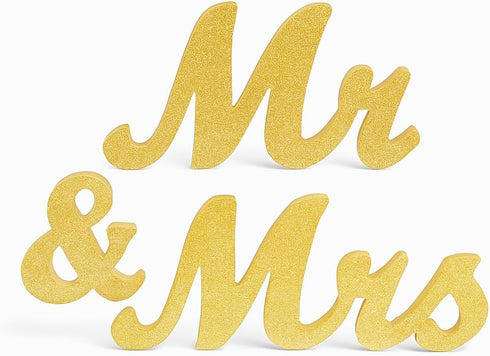 Mandala Crafts Gold Wooden Mr & Mrs Signs for Wedding Decorations, Reception & Sweetheart Table Decor