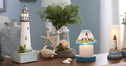 Hand Painted Glass Lighthouse Beach Scene Jar Candle Shade Topper, 4 x 6-Inch