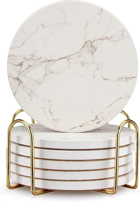 6 Pack White Marble Coaster Set with Holder Absorbent Drink Coasters Ceramic