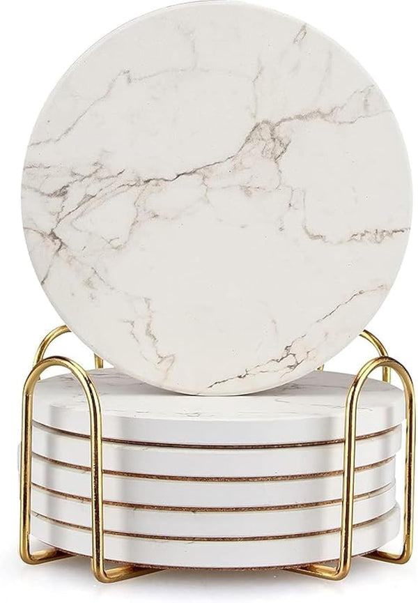 6 Pack White Marble Coaster Set with Holder Absorbent Drink Coasters Ceramic