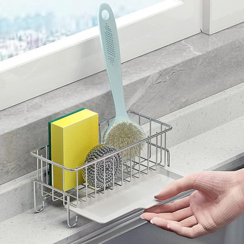Kitchen Countertop Sponge Holder, SUS 304 Stainless Steel Dish Soap Organizer, Basket for Cleaning Tools, Sink Brush