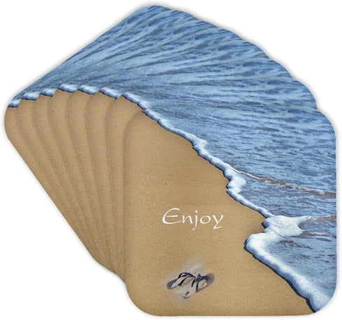 3dRose Set of 8 Soft Coasters - Print of Beach Shore with Enjoy and Flip Flops (CST_214442_2)