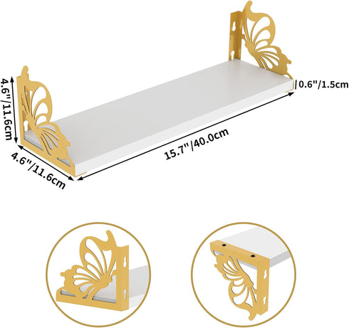 3 Pack Hoikwo Butterfly Wall Shelves, White Gold Floating Book Shelves, for Mother, Mom, Women, Girls, for Preppy Room