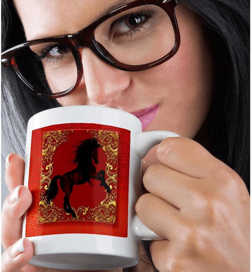 3dRose Zodiac Horse Chinese New Year Mug, Red, Gold, Black, 15 oz, White